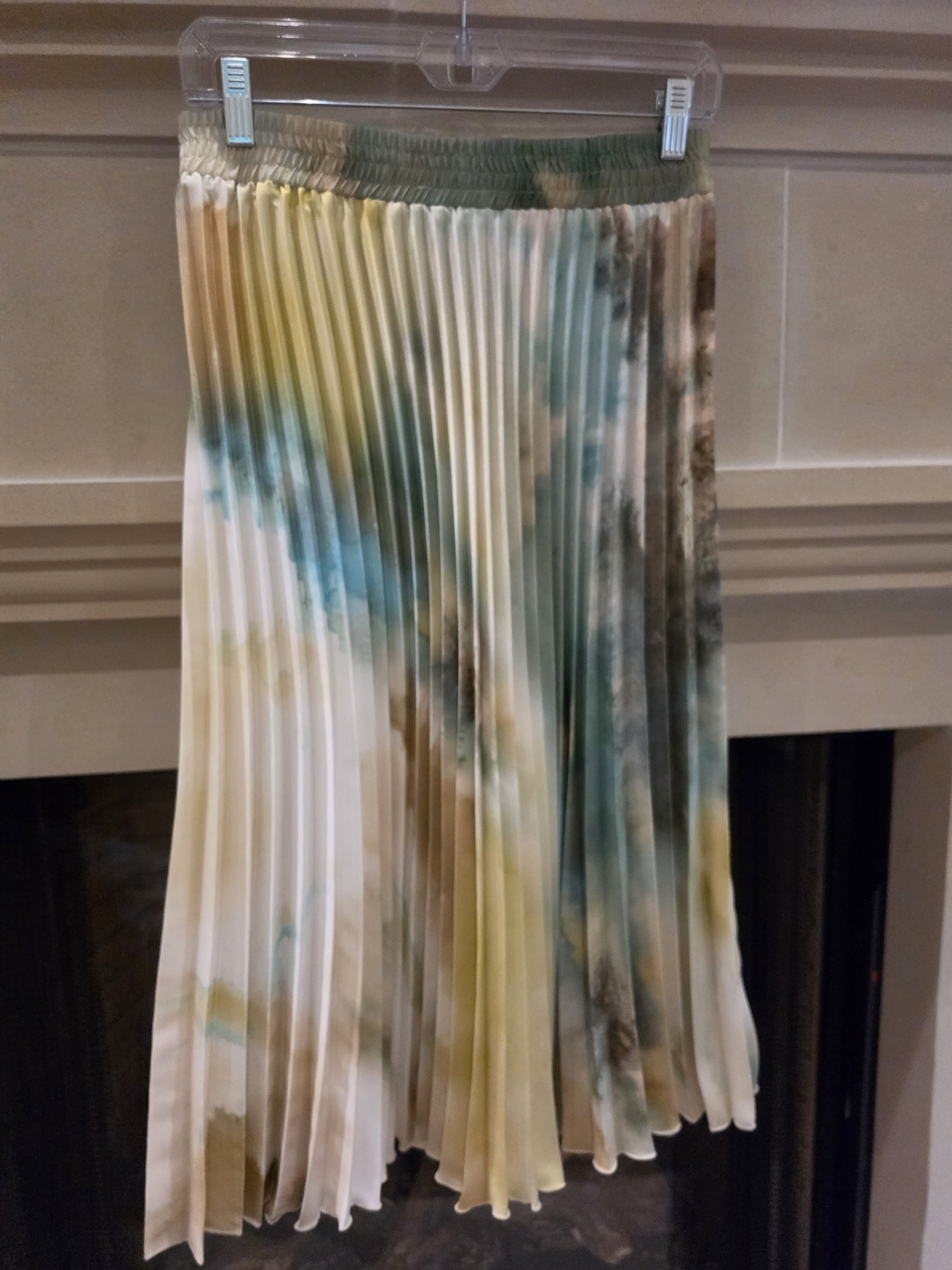 Zara Accordian Pleated Midi Skirt in Water Color Cream, Teal, Yellow, Brown